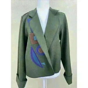 💥VTG Beppa Wearable Art 100% Pure Wool Jacket Green Multicolor Appliqued Sz mSC2